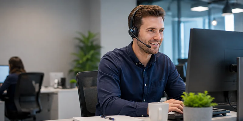 Man at desk taking phone calls from customers