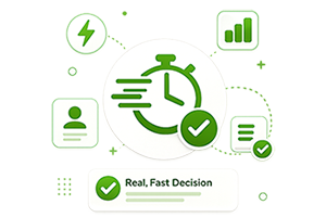 Fast loan decision illustration with stopwatch, check marks and application icons