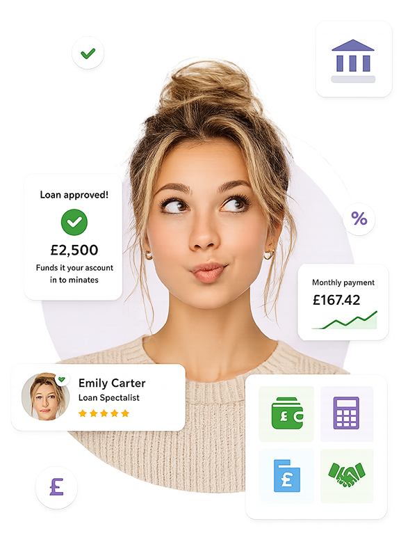 Woman with personal loan approval graphics showing £2,500 funding and monthly payment example